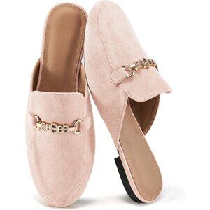 〽️Womens Pink Suede Mule Flats Buckle Slip On Closed Toe Backless Loafers